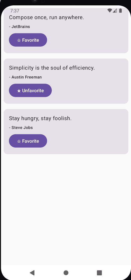 Quotes of the Day app showing three quotes with favorite/unfavorite buttons